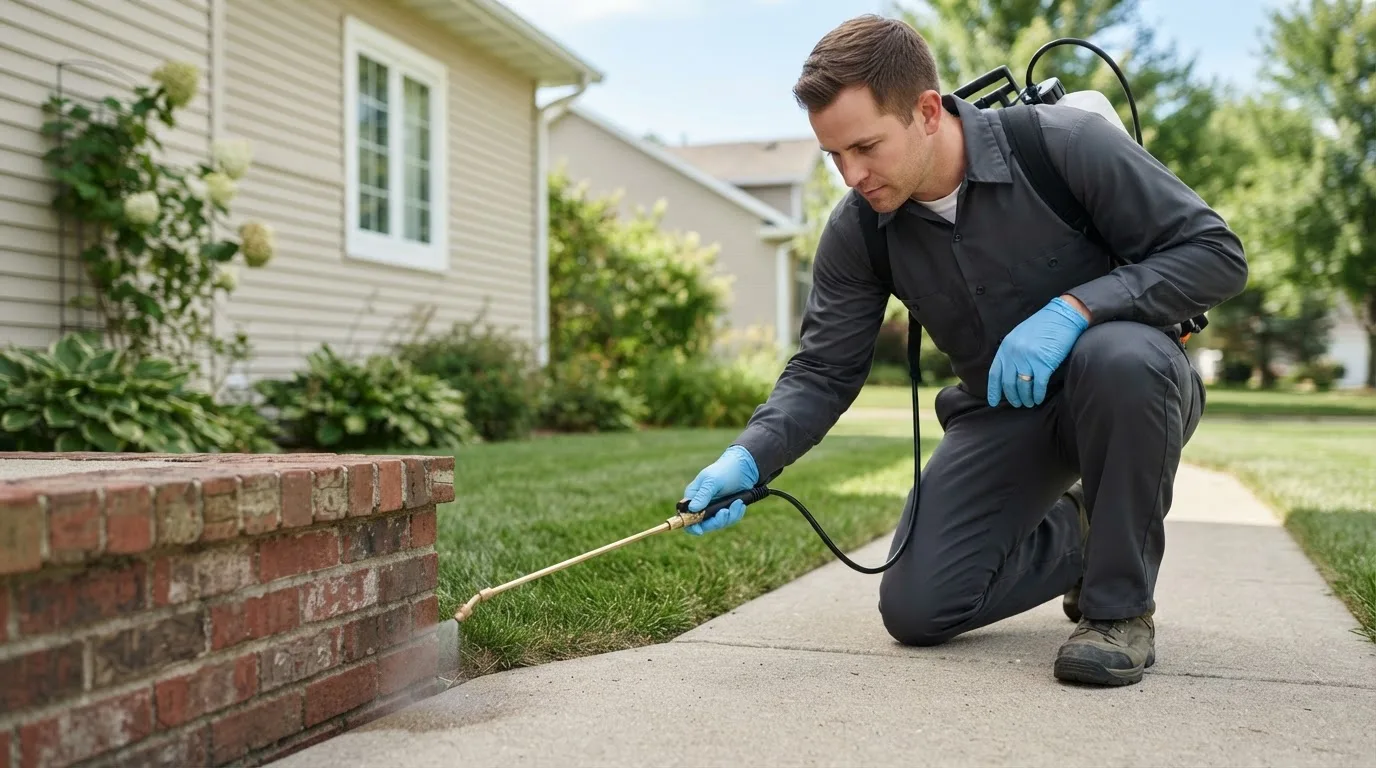 Pest control technician treating a home near Conway, MA