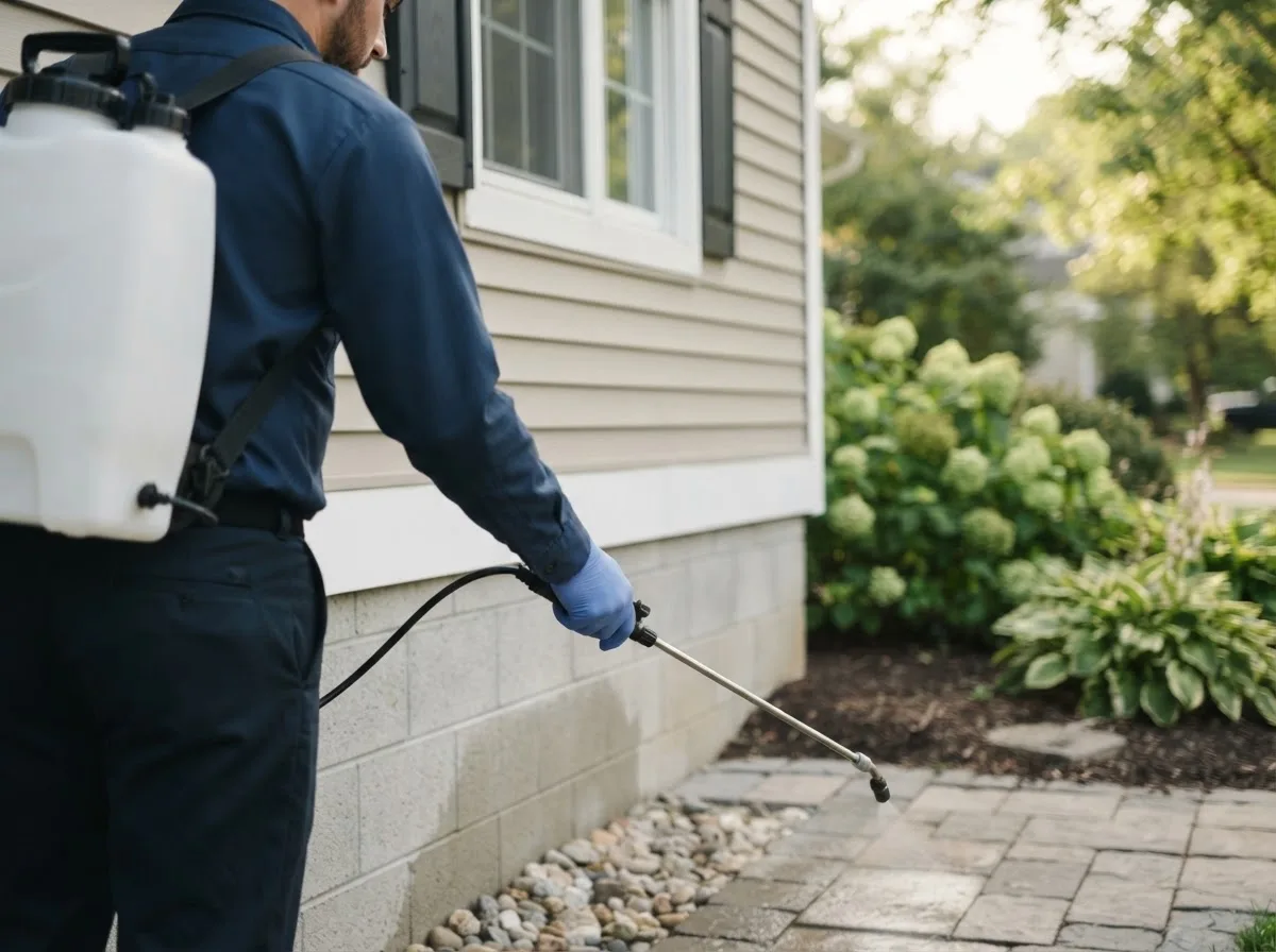 Pest control technician inspecting a home in Conway, MA